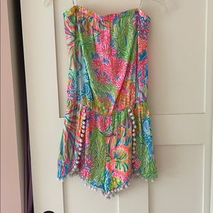 Strapless Lilly Pulitzer romper with pom detail!
